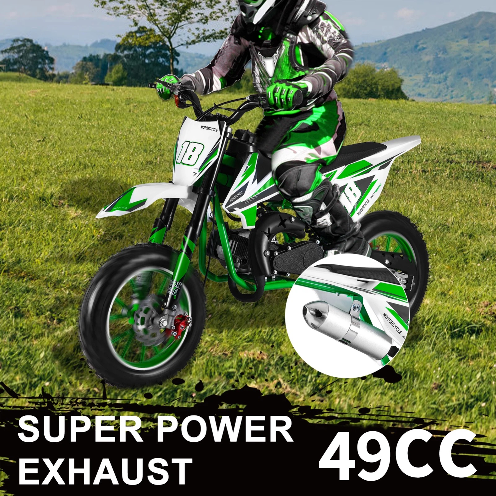 Bremoi 49cc Mini Dirt Bike 2-Stroke Kids Gas Bike with Off-Road Tires Shock Absorption Springs Soft Seat Cushion Max Load 330Lbs Pull Start Cooperate Disc Brakes and Up to 25mph  Green