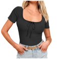 thumbnail image 1 of T-shirts Grande Taille pour Femmes Été Aguichant Manches Courtes Hauts de Sortie Noué devant Tricot Côtelé Col Rond Hauts Chemises Femmes Tendance Noir P, 1 of 4