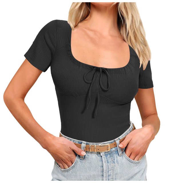 T-shirts Grande Taille pour Femmes Été Aguichant Manches Courtes Hauts de Sortie Noué devant Tricot Côtelé Col Rond Hauts Chemises Femmes Tendance Noir P