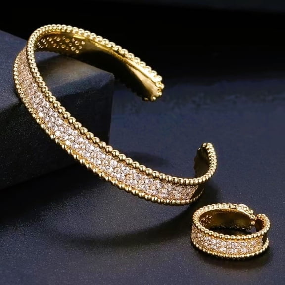 Adjustable Bracelet and Ring Set with Sparkling Cubic Zirconia – Elegant Single Bangle for Women