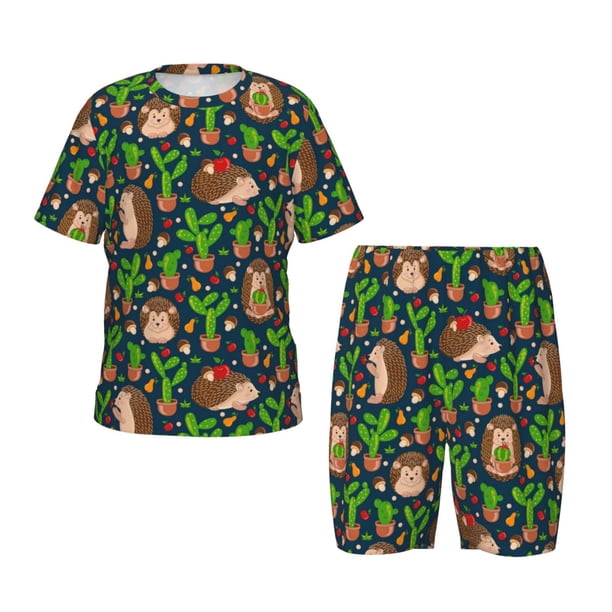 Balery Cute Hedgehogs Cactus Blue Conjunto de Pijama Infantil de Manga Corta con Estampado – Ropa de Dormir de Algodón Suave-Medium