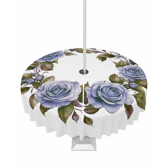 nqOlkjepod Retro Flower Outdoor Tablecloth with Umbrella Hole & Zipper, Blue Rose Floral Farmhouse Leaf Modern Round Table Cover 54 Inch, Dining Waterproof Table Cloth Protector for Patio/Party