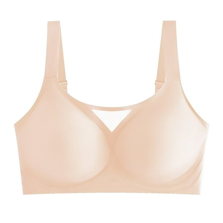 QYZEU Womens Bralettes with Support Wireless Breathable Bras Solid Color Ice Silk Backless Bra Seamless Side Support Lifting Adjustable Strap Comfortable Bras Beige 3XL