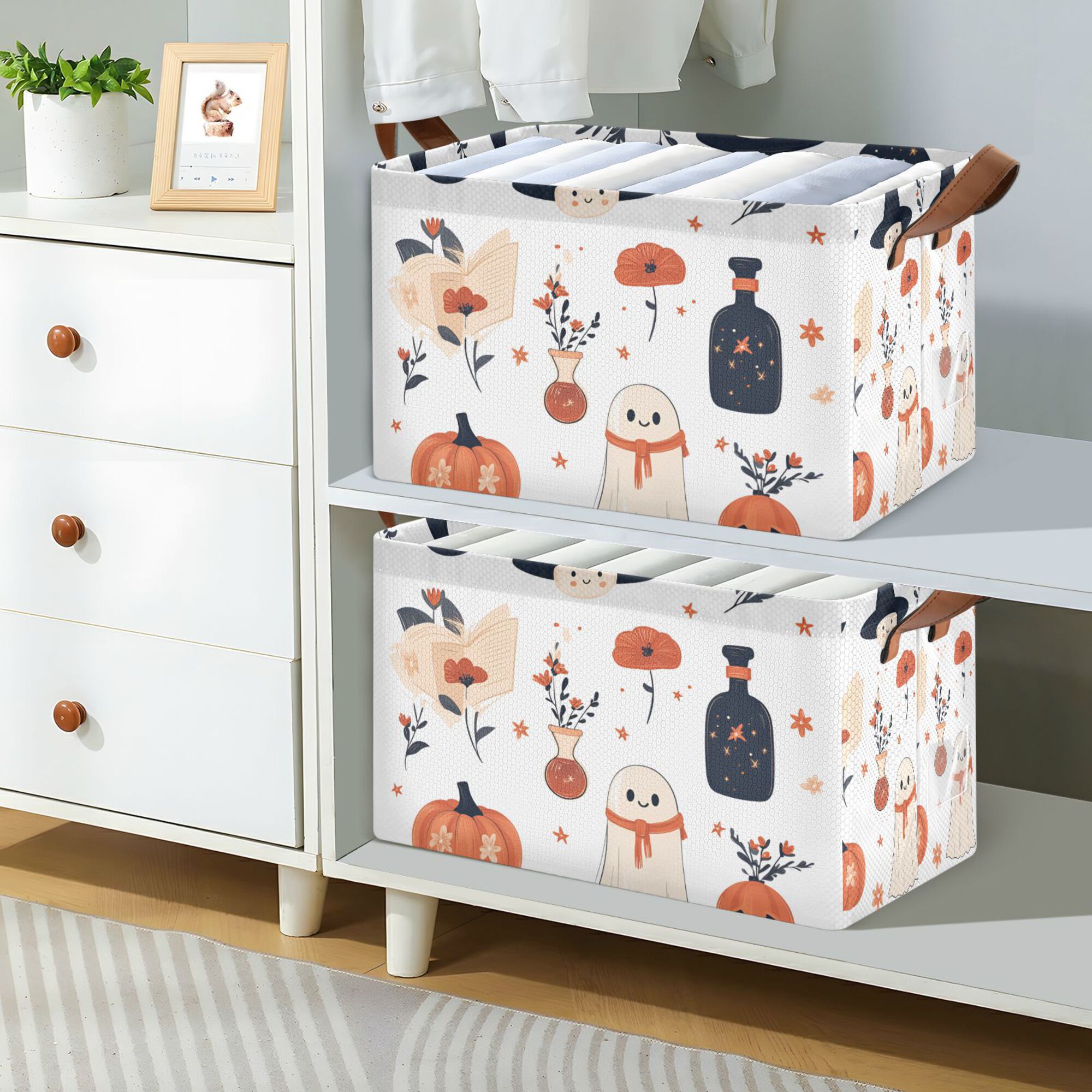 Yayeee Foldable Storage Basket for Shelves with Handles Waterproof Cloth Bins, White Cartoon Halloween Ghosts