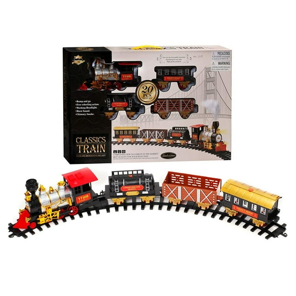 Classic Christmas Themed 20 Pc. Train Set with Locomotive Engine, Cargo Cars, Tracks and Holiday Flair