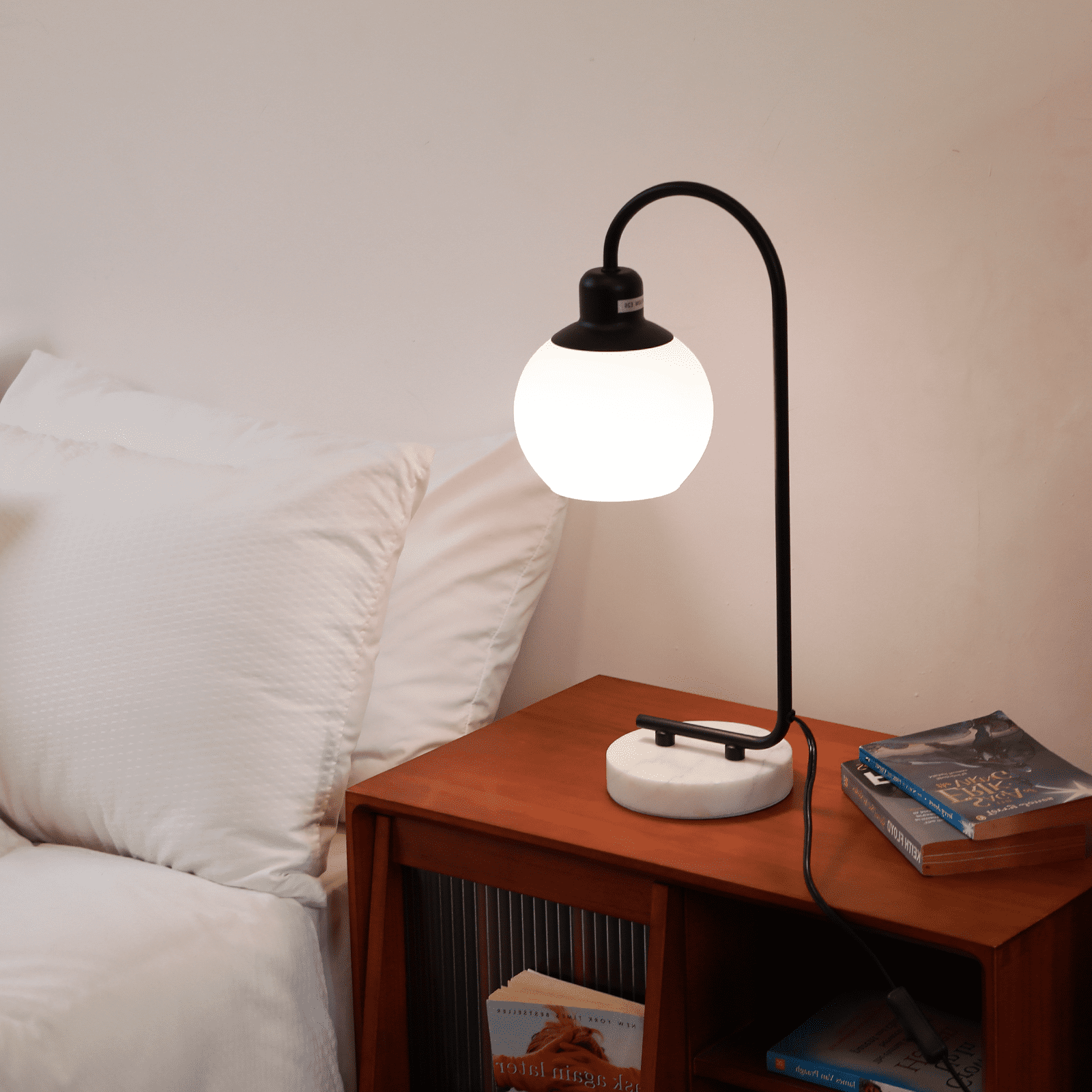 SUNMORY 20" Marble Table Lamp, Modern Desk Lamp with 3 Color Temperatures, Bedside Lamp with Marble Base & Glass Lampshade, Convenient Rocker Switch, Nightstand Lamp for Bedroom, Living Room, Office