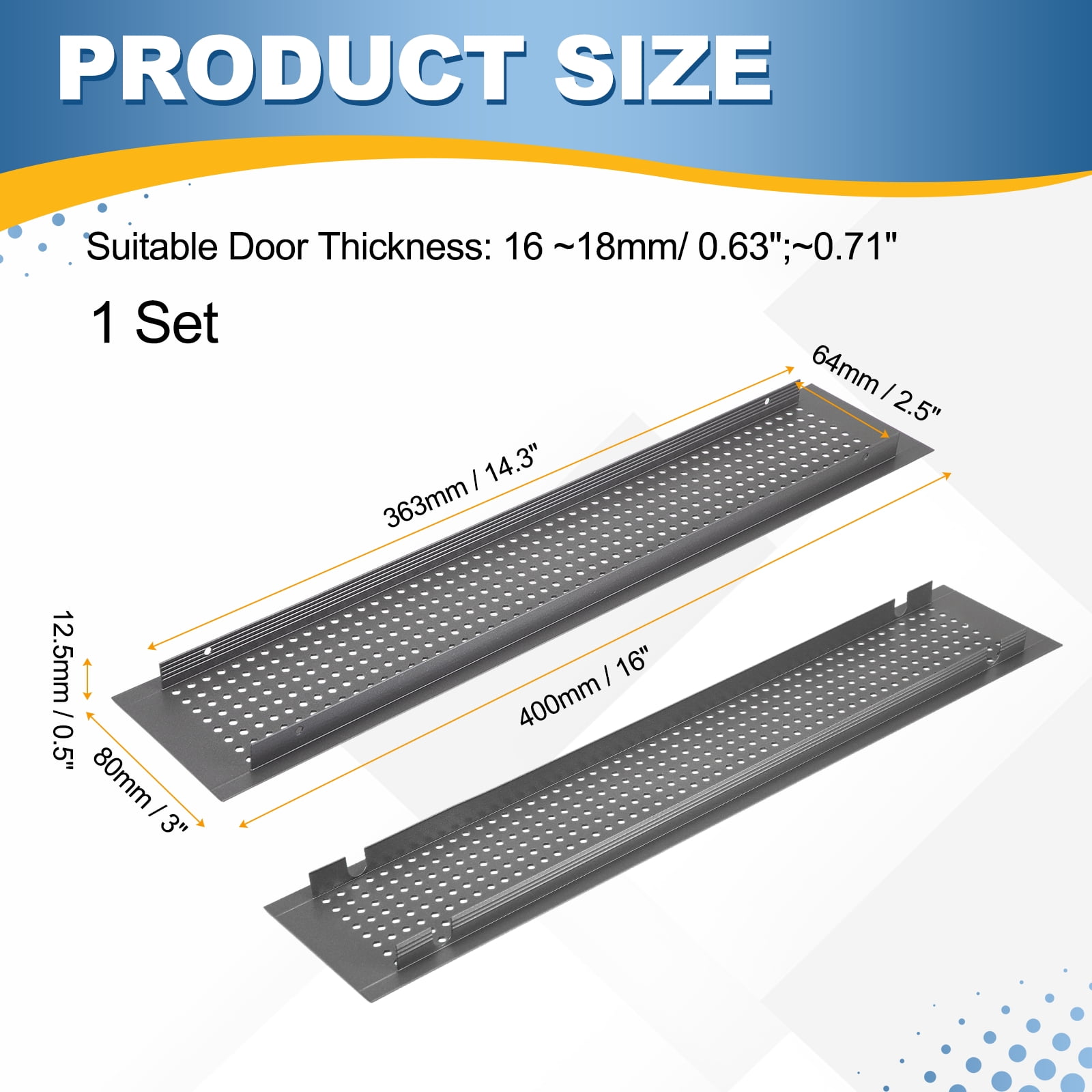 Uxcell Door Air Vent Cover,16 x 3 Inch (L x W) Cabinet Vent Two Sided Door Grille Heavy Duty Rust-Proof for Floor Cabinet Bathroom Kitchen, Grey (Openings 14.3 x 2.5 Inch)
