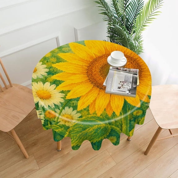 RKSupls 60 Inch Round Tablecloth, Sunflower Daisy Garden.png Premium Polyester Straight Edge Wrinkle Resistant Washable Table Cover for Party Home Dining Decor