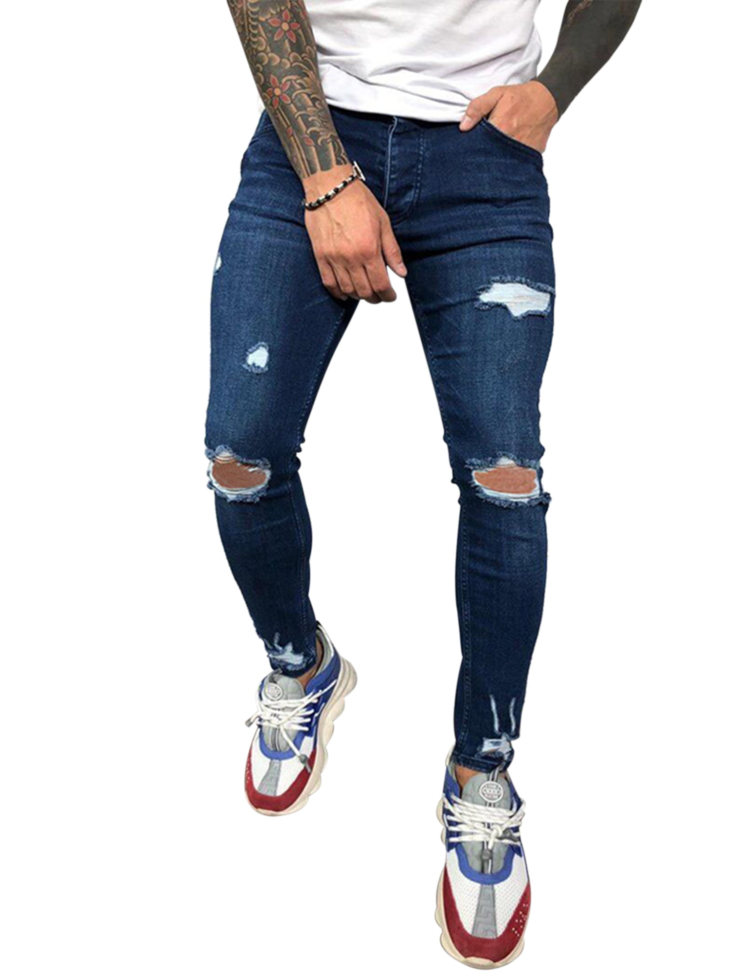 Fieer Mens Fashion Bodycon Washed Holes Mid Waist Pocket Trouser Jean