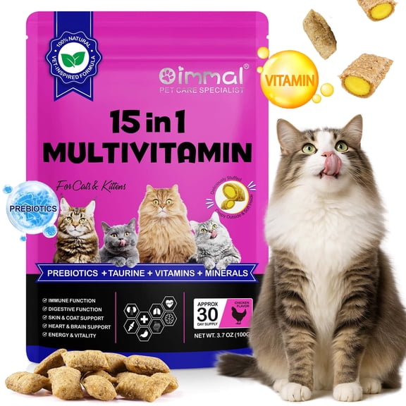 Oimmal Cat 15-in-1 Multivitamin Crunchy & Creamy Chews - Cat Treats for Heart   Immune Health, Skin & Coat, Digestion Support - Vitamins with Omega, Taurine (30 Day Supply) Chicken Flavor