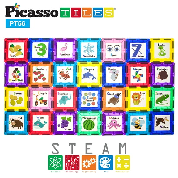 PicassoTiles Magnetic Building Blocks Set with Click-in Tiles & Educational Artwork Inserts, STEM Construction Toy for Kids Brain Development
