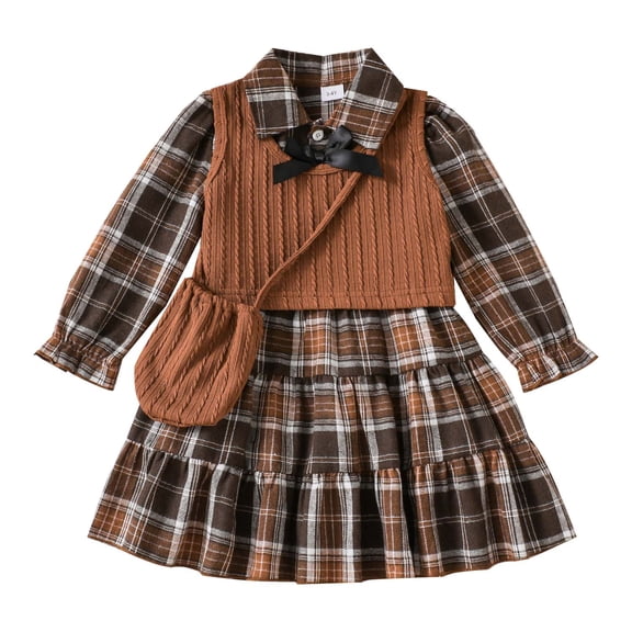 Kucnuzki 3T Toddler Girl Outfit Set 4T Kid Child Skirt Set Long Sleeves Plaid A-line Dress Bowknt Tie One-piece Dresses Knitted Tank Top with Bag 3pcs Sweet Clothing Brown