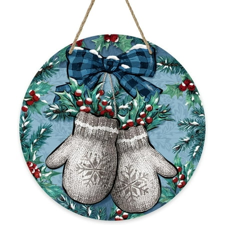 FUNING Winter Mitten Blue Front Door Sign Red Holly Berries Plaid Bow Farmhouse Wood Door Hanger Outdoor Outside Porch Decor Christmas Holiday Seasonal Wooden Wreath Indoor Wall Hanging Decoration