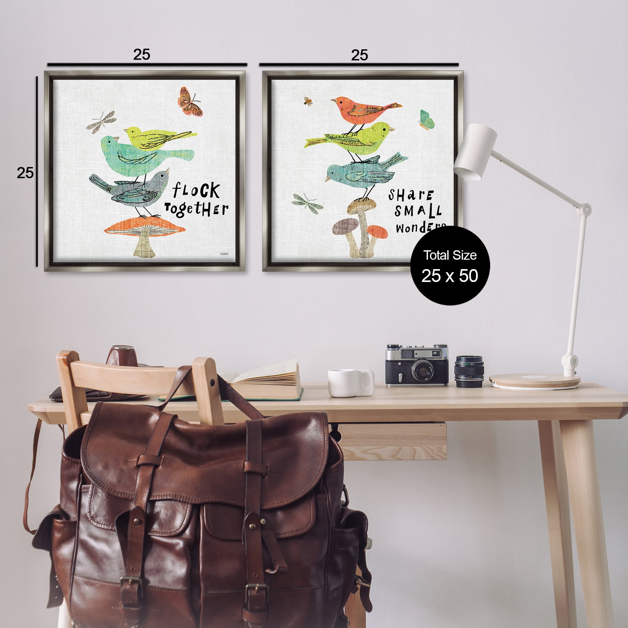Stupell Industries Flock Together Share Birds Animals Painting Gray Floater Framed Canvas Art Print Wall Art, 25 x 25, Set of 2