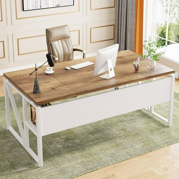 Tribesigns 63-In Computer Desk with Storage Shelf, Home Office Desk Writing Table for Workstation, Steel Leg, Cabinet not Included (Walnut & White, 63-inch-with-Shelf)