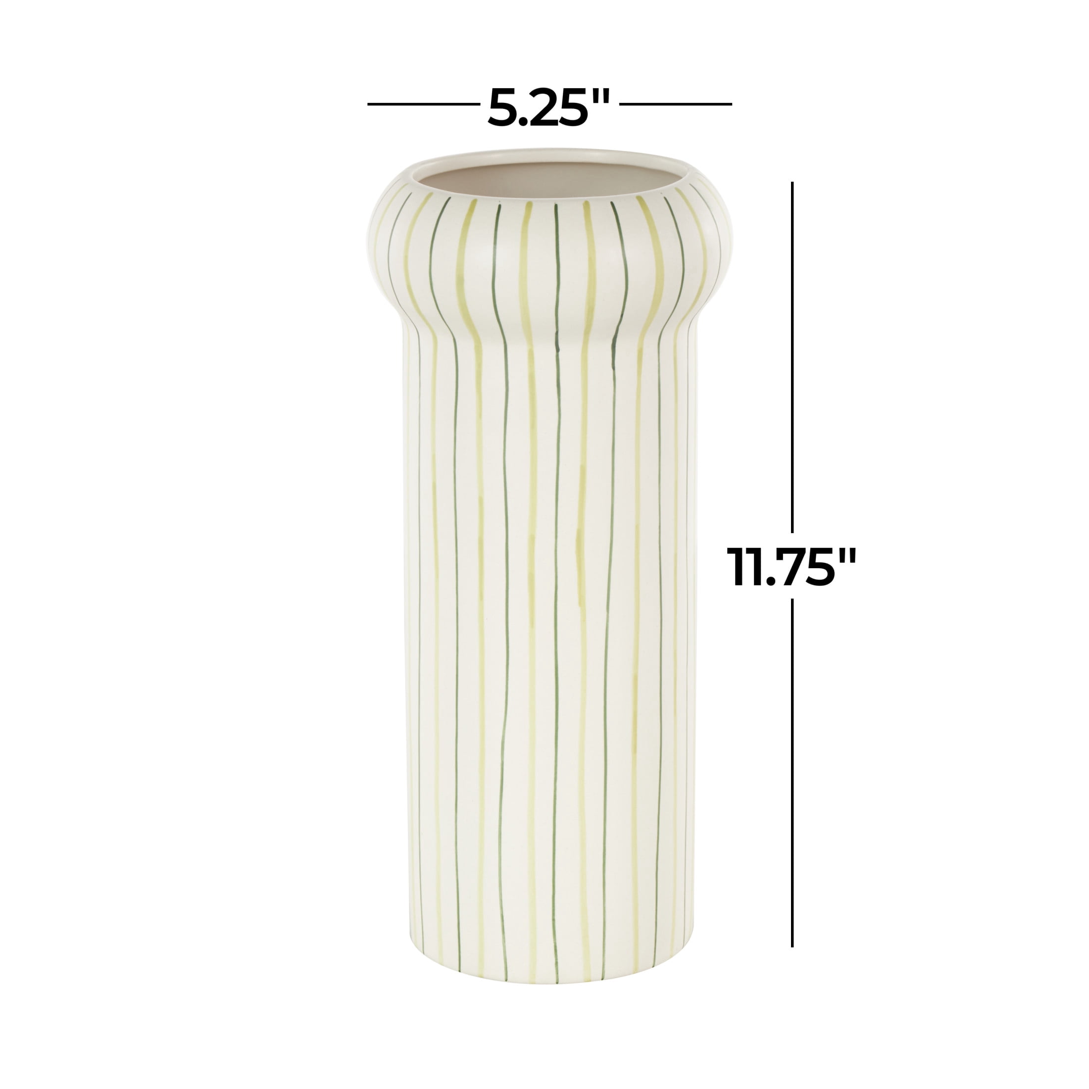 DecMode 12" Abstract Round White Ceramic Vase with Green Linear Patterns