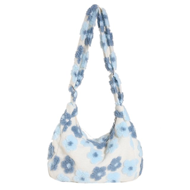 Bolso de mano de piel sintética para mujer, bolso de mano peludo informal, bolso de compras de invierno (azul)