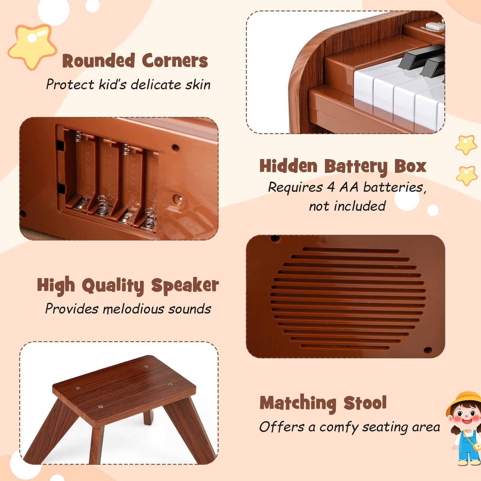 Patiojoy 25 Lighted Keys Kids Piano Keyboard with Stool Mini Digital Piano Wooden Toy Brown