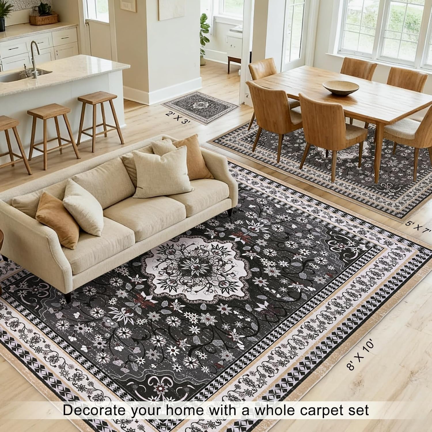 Bleum Cade Large Area Rug for Living Room, 5x7 Machine Washable Boho Rug for Bedroom, Soft Low Pile Non Slip Boho Dining Room Rug, Floral Vintage Floor Carpet for Bedroom Home Office,Black