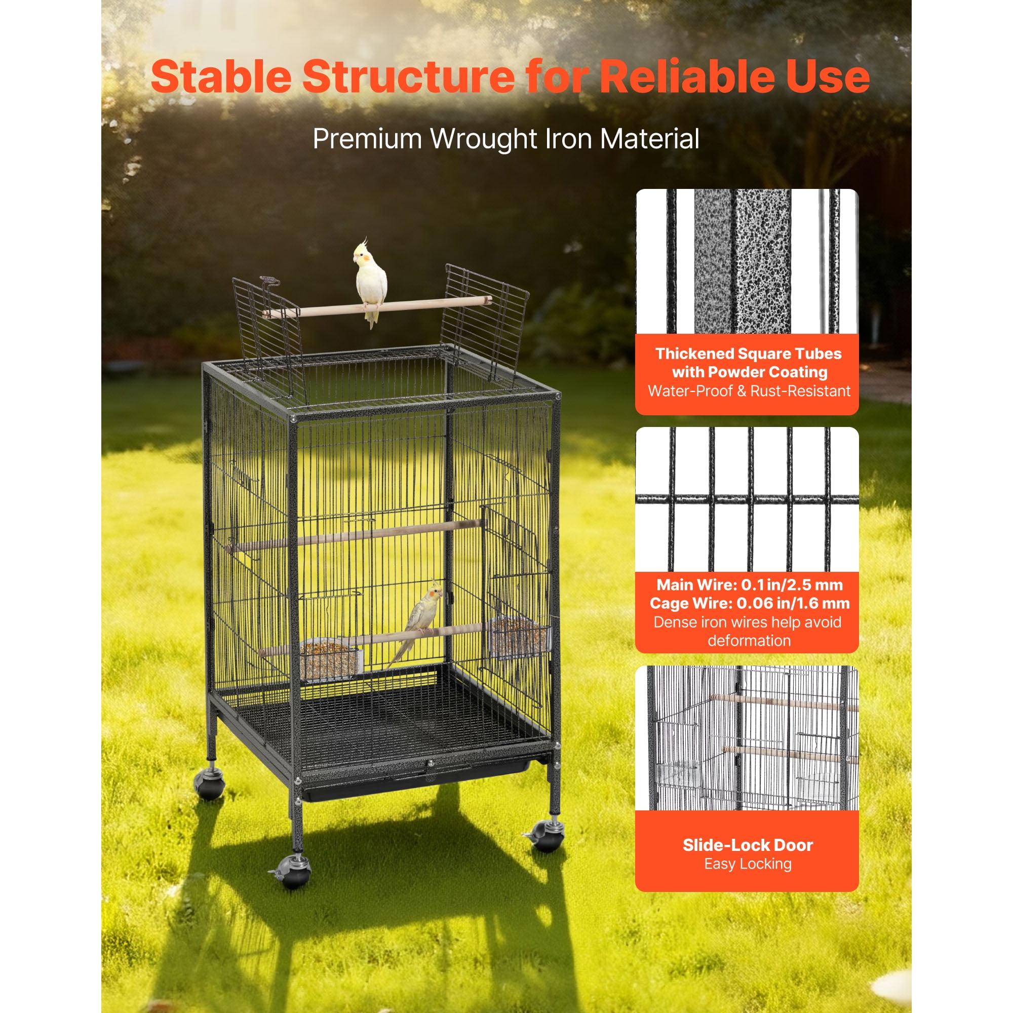 KFFKFF Bird Cage, 18 x 18 x 30 inch, Open Flat Top Design, Durable Wrought Iron Construction with Perches, Removable Tray, Feeders, and Wheels, Suitable for Parrots, Blue Tits, Cockatiels, Canaries