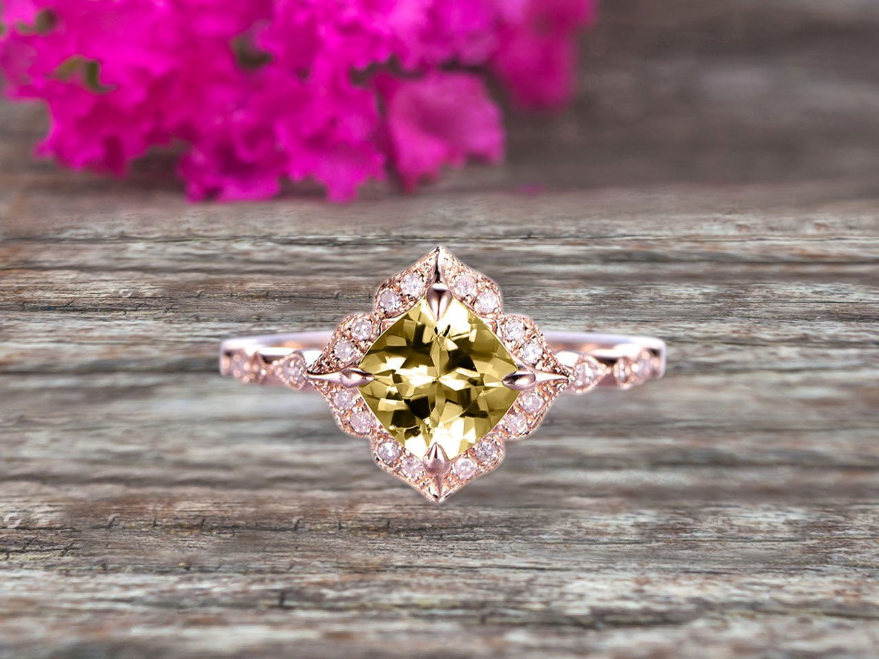 10k Rose Gold Champagne Diamond Moissanite Halo Engagement Ring