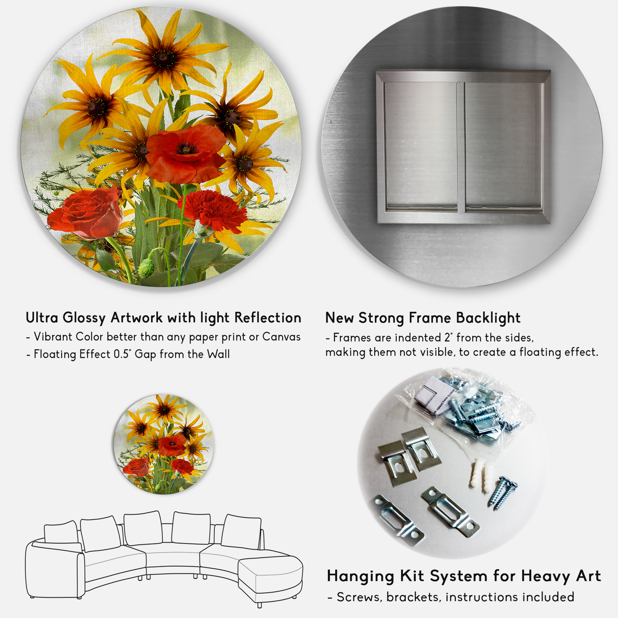 Designart 'Poppies and Sunflowers In The Wild' Traditional Circle Metal Wall Art 11x11 - Disc of 11