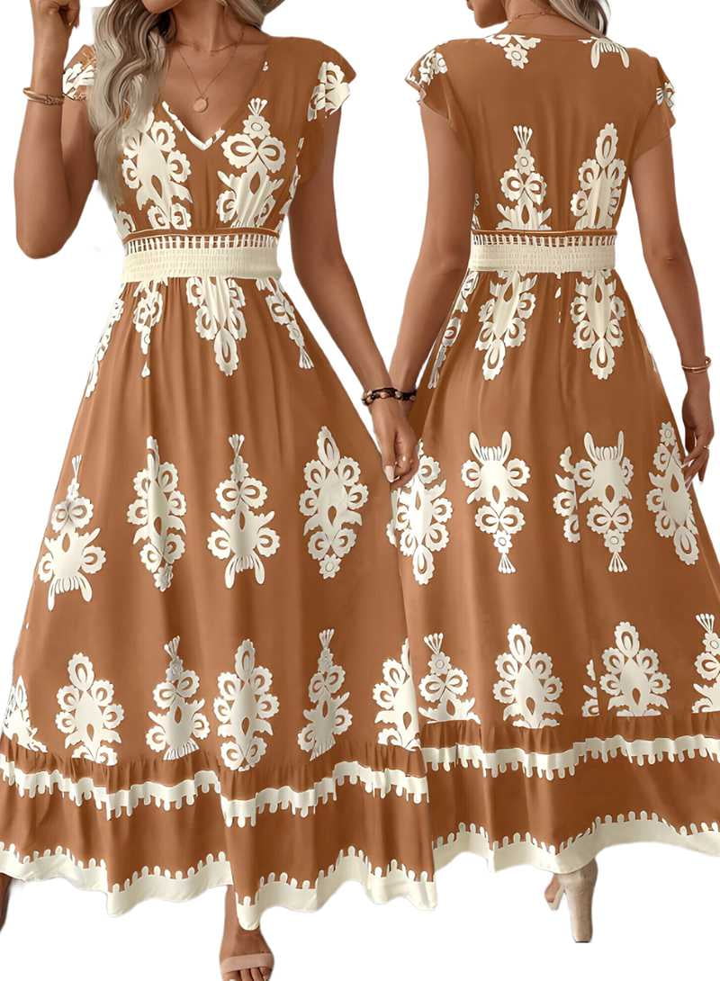 Summer Dresses for Women 2025 Casual Ruffle Sleeves Dress Sundresses Boho Beach Dresses Camel L