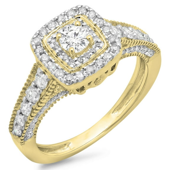 Dazzlingrock Collection 0.90 Carat (ctw) 14K Round White Diamond Ladies Vintage Halo Engagement Ring, Yellow Gold, Size 10