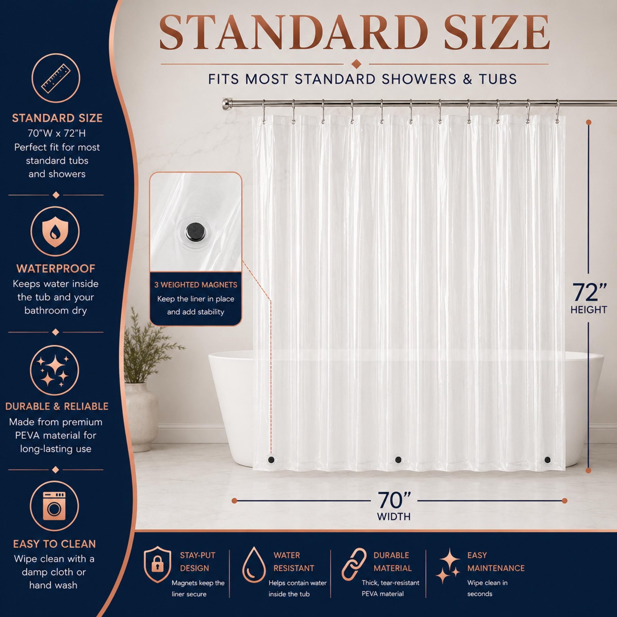 Dainty Home Heavyweight 10 Guage PEVA Shower Curtain Liner with 3 Magnets, Waterproof Clear Bathroom Curtain, 70" x 72"