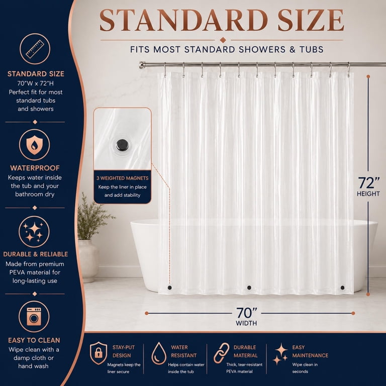 Dainty Home Heavyweight PEVA Shower Liner with Magnets, 70x72 photo 2