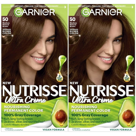 Garnier Nutrisse Nourishing Permanent Hair Color Cream, 50 Medium Natural Brown (Truffle) (2 Count) Brown Hair Dye