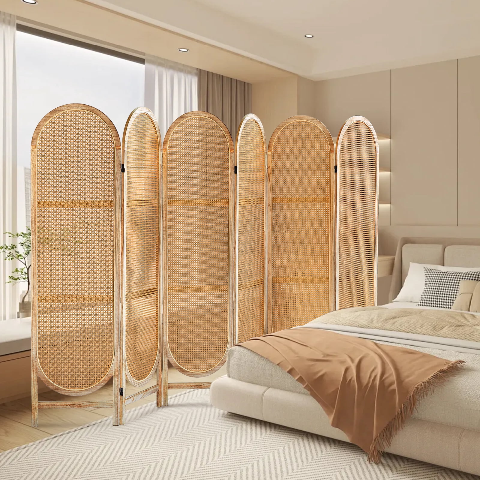 ALeesing 6 Panels Wood Rattan Room Divider, Folding Privacy Screens, No Installation, Light Brown