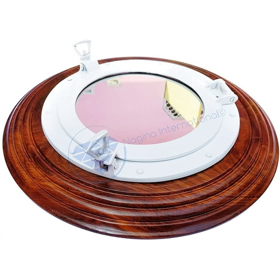 Nagina International Nautical White Premium Wood Aluminum Porthole Mirror | Captain's Pirate Decor (18 Inches)