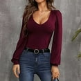 thumbnail image 7 of UYISJ Deep V Neck Shirts for Women Puff Long Sleeve Pullover Tops Casual Comfy Stretch Slim Fitted T Shirt Wine Red XL, 7 of 7