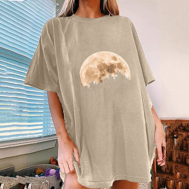 Pntutb Mujeres Moda Casual Manga Corta Sol Luna Impresión Blusa Camiseta tops Pntutb Pntutb-6543