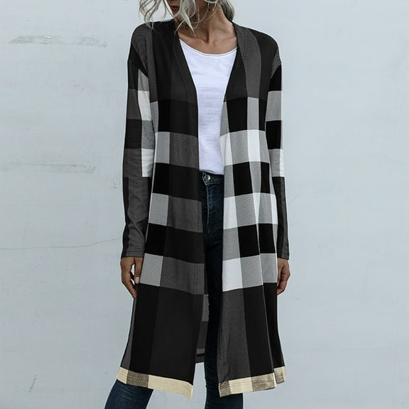 VKEKIEO Cardigans For Women Trendy Scoop Neck Cardigan Long Sleeve Plaid 100%Polyester Black Cardigan Clearance