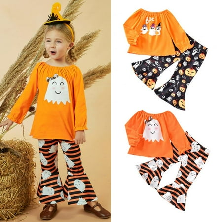 

Xinhuaya Toddler Baby Girls Halloween Outfits Long Sleeve Ghost Print Pullovers Tops Flare Pants Set 2pcs 12-18 Months
