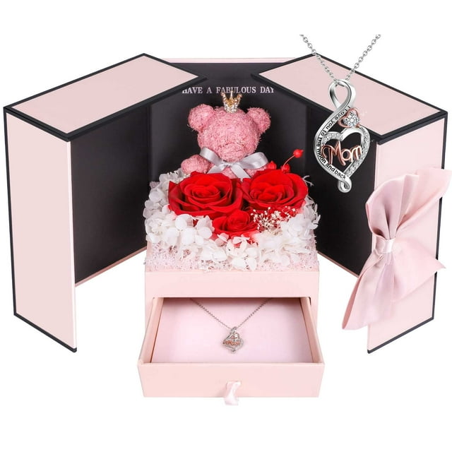 Set de regalo AddWel de rosas auténticas preservadas con collar de plata de ley