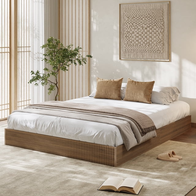 QinaQin Wooden Platform Bed Frame with Grooved Design, Low and Simple Design, Quiet, Easy To Assemble, No Spring Mattress Required