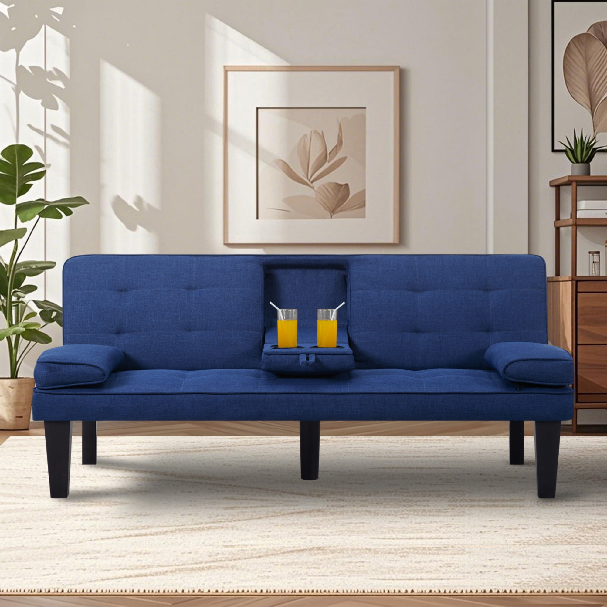 Gewnee 65" 3‑in‑1 Convertible Futon Sleeper Sofa,Polyester Foldable Sleeper Couch with Adjustable Backrest,Sofa Bed with Cup Holders for Small Apartments & Office，Navy Blue