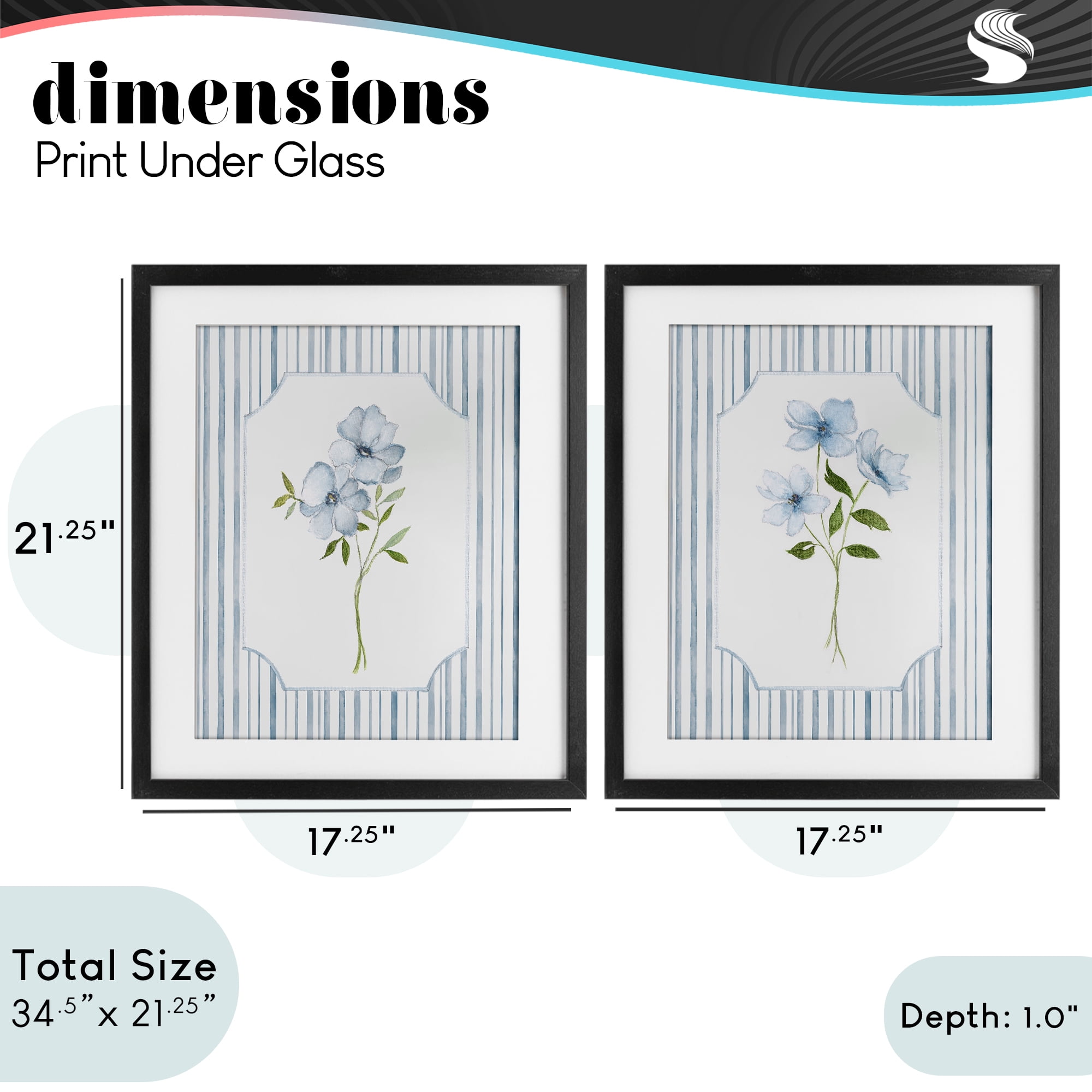 Stupell Industries Blue Blooms & Stripes 2 Piece Black Framed Print Under Glass Set, design by Tava Studios
