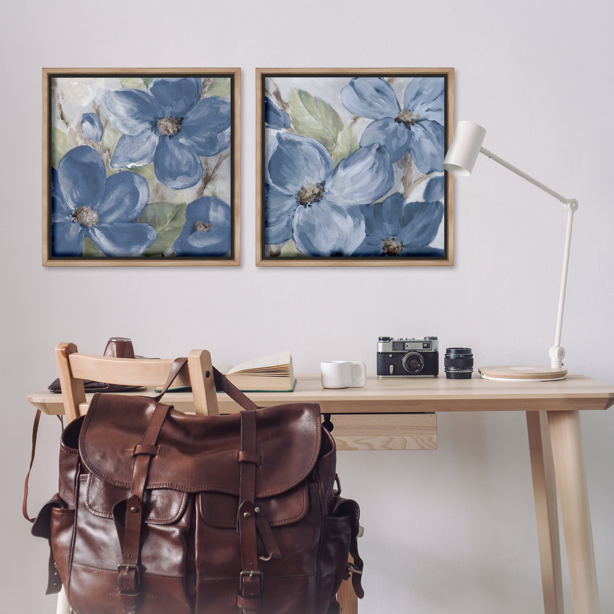Stupell Industries Blue Blooming Petals Plants & Flowers Painting Brown Floater Framed Canvas Art Print Wall Art, 25 x 25, Set of 2