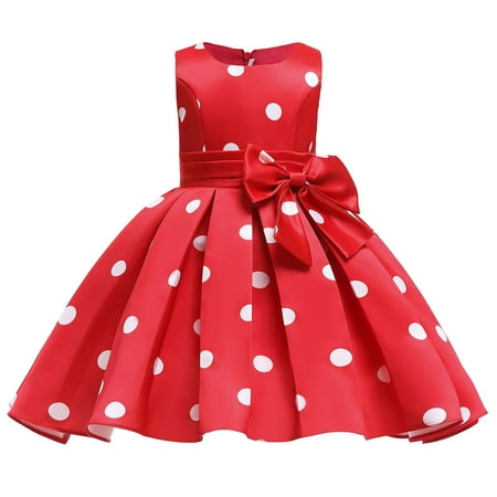 

Child Girls Sleeveless Pageant Dress Birthday Party Kids Dot Prints Bowknot Gown Princess Dress