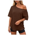 thumbnail image 3 of vigerkar 2 Pack Womens Off the Shoulder Tops Oversized Summer Spring T-Shirts 2026 (Hot Pink 1PCS & Coffee 1PCS, S), 3 of 6