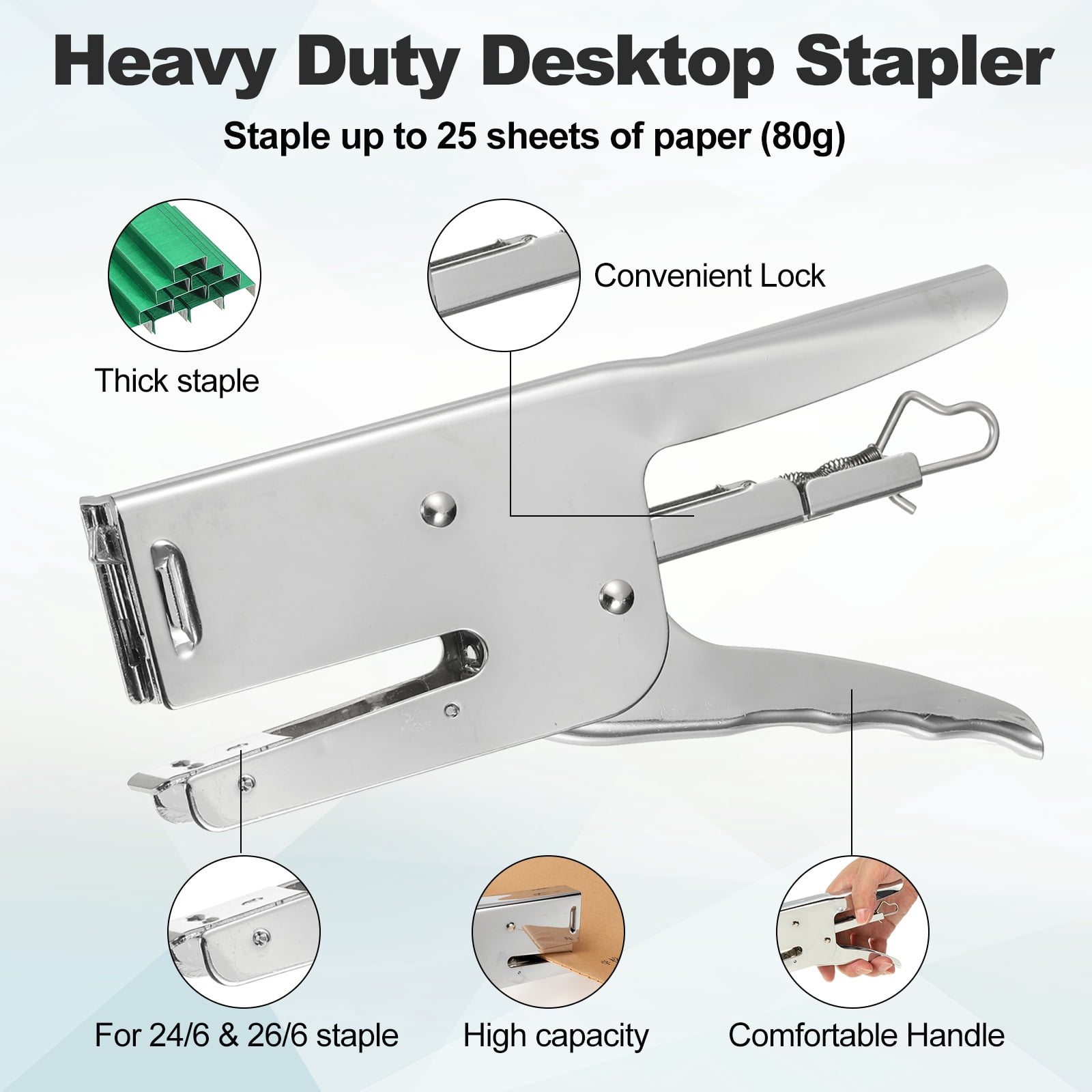 Desktop Stapler Heavy Duty, 1 Set Handheld Plier Stapler No Jam with Staples Remover and 2000 Green & Blue 26/6 Staples Set for Office Supplies Workplace Paperwork Cardboard, Silver