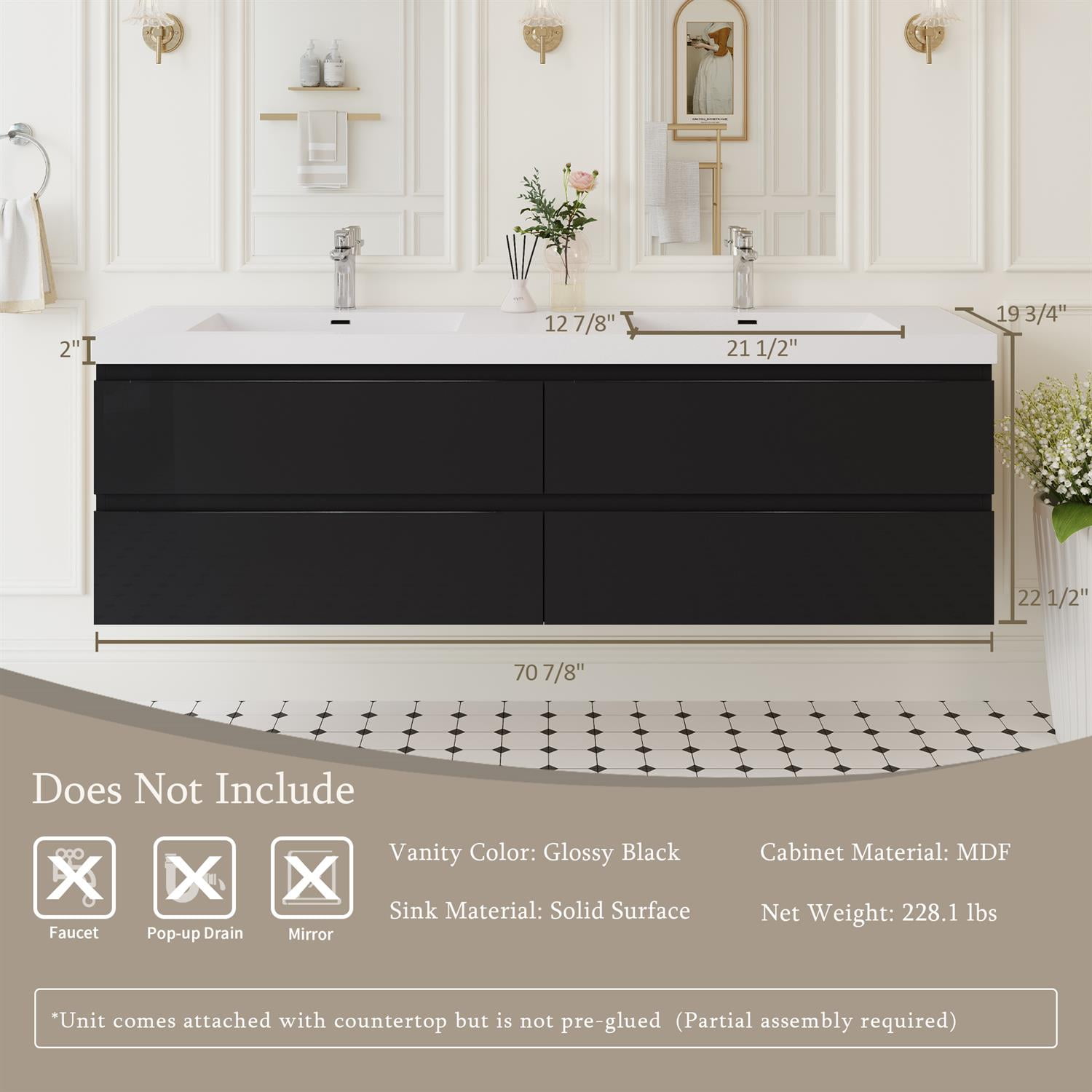 Demi Bonn 72" Floating Bathroom Vanity with Sink, Double Resin Top Basin and 4 Soft Close Drawers, Faucets and Drains Not Included, Black