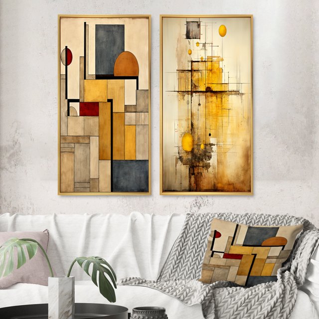 Designart "Vintage Beauty Abstract Simplicity" Modern Geometric Framed Wall Art Set Of 2 - Modern Gold Framed Canvas Set For Living Room Decor