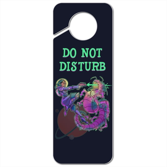 Science Fiction Space Woman and Alien Plastic Door Knob Hanger Sign