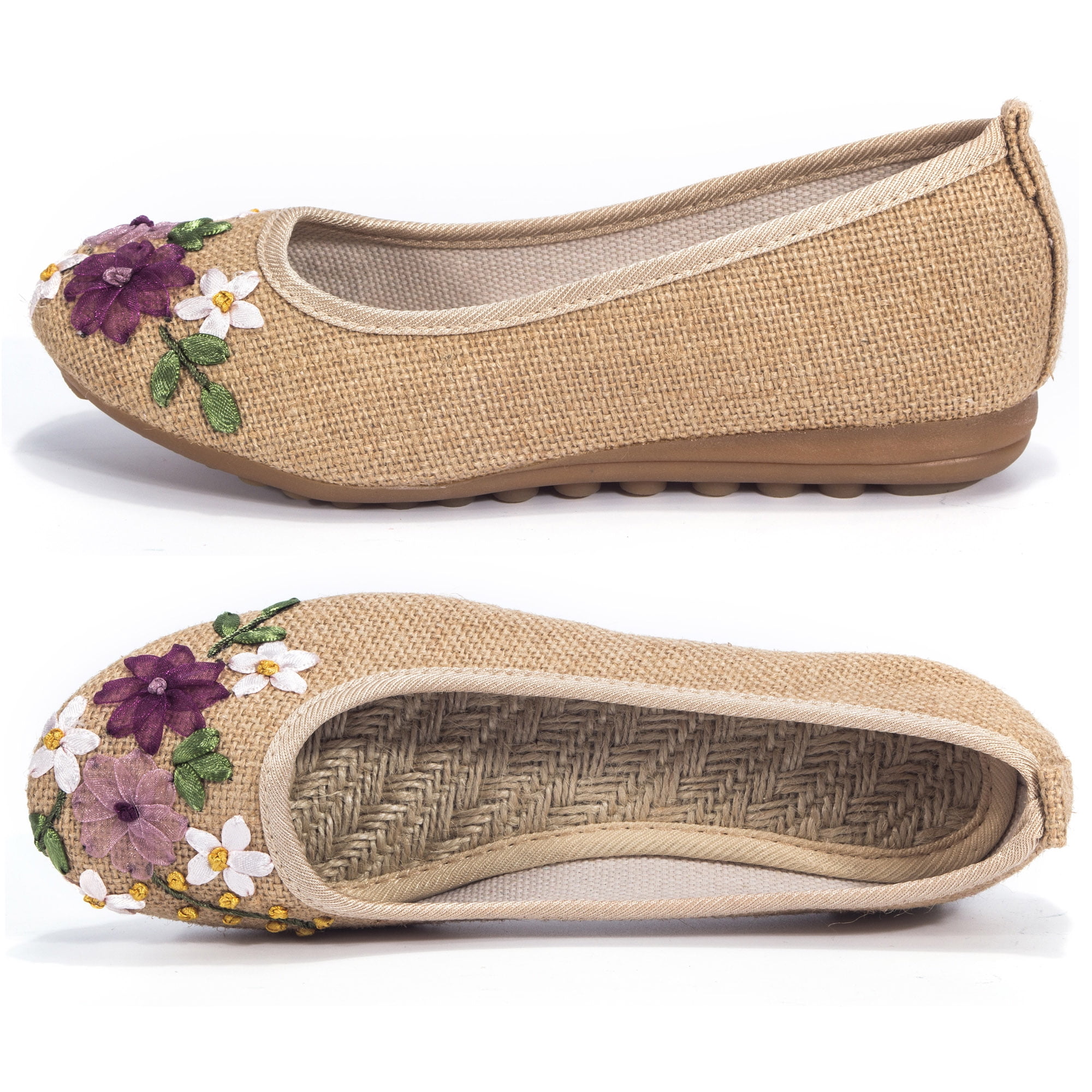 Womens Round Toe Canvas Embroidery Flowers Slip on Flats Loafers Shoes Plus Size 