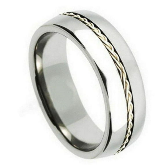 Custom Personalized Engraving Wedding Band Ring Set for Him & Her - 8mm Grooved with Braided Sterling Silver Insert